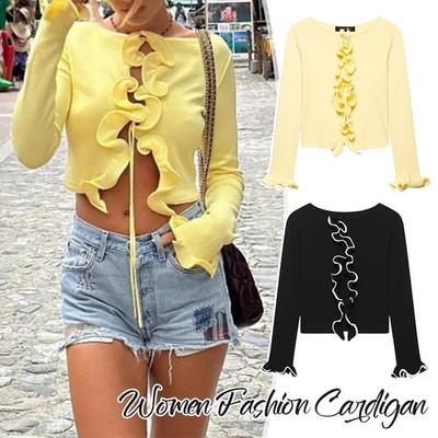 Women Round Neck Belted Slimming Contrast Color Long Sleeve Knit Cardigan Top,