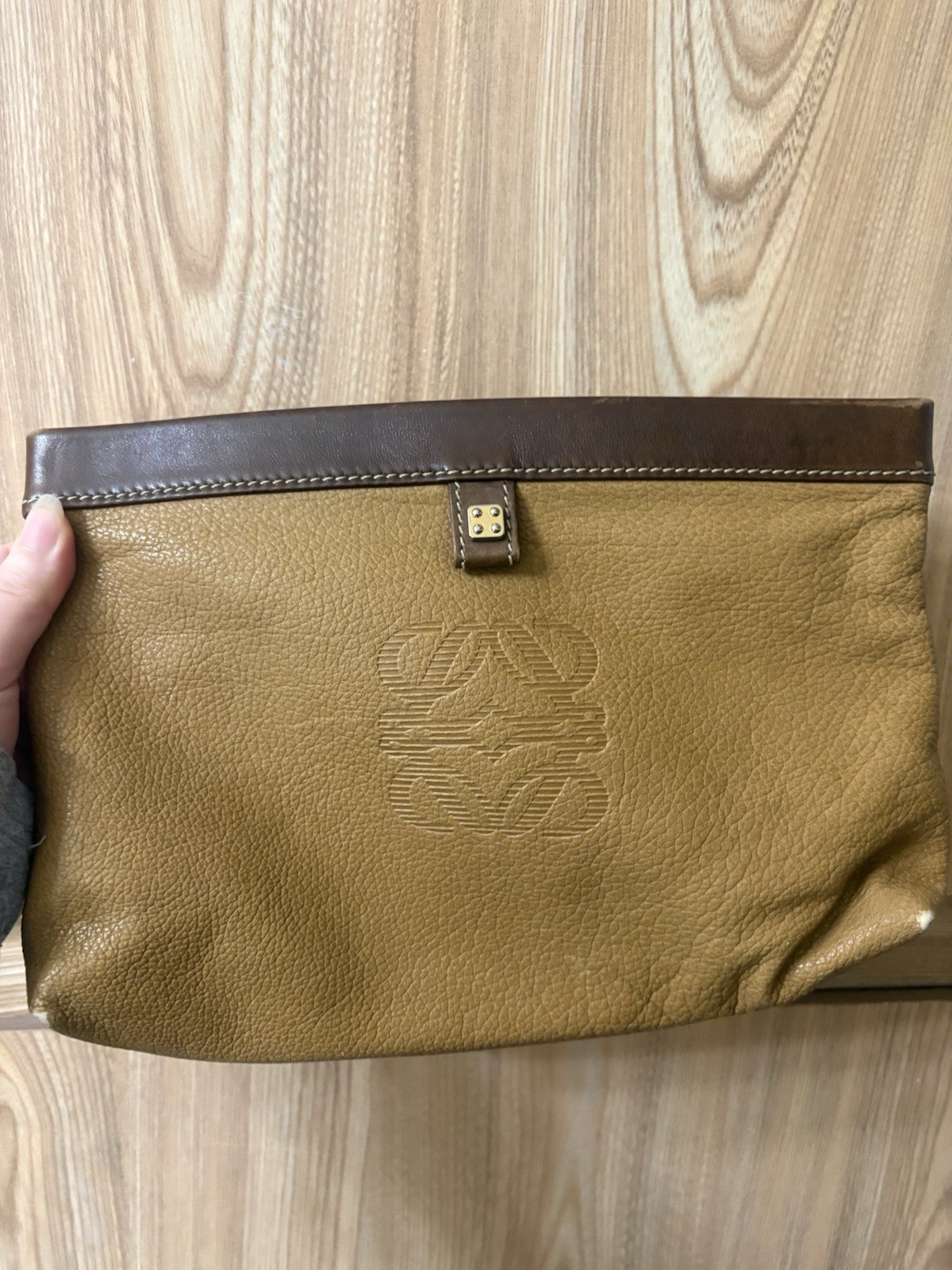 Auth Vintage Loewe Anagram Full Grain Leather  Pouch Clutch yellow brown