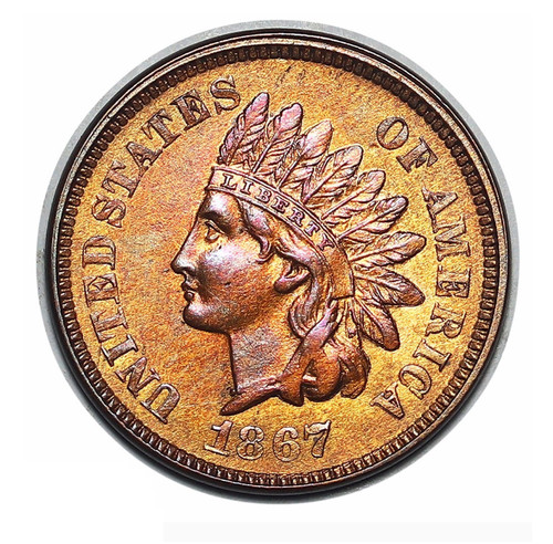 1867 Indian Head Cent Penny *Scarce This Nice* Mint Luster, Rainbow Toner