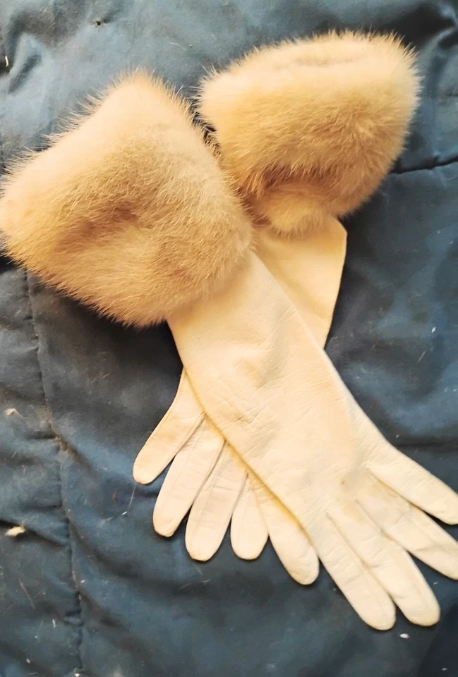 15 英寸长白色儿童皮革 7.5 码手套。 5英寸金发水貂袖口Custum精美 — 第 2/4 张图片