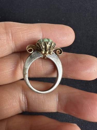 Art Deco Tested Silver W/Gold Colour Top Carved Nature Turquoises Ring-uk Size L - Picture 7 of 12
