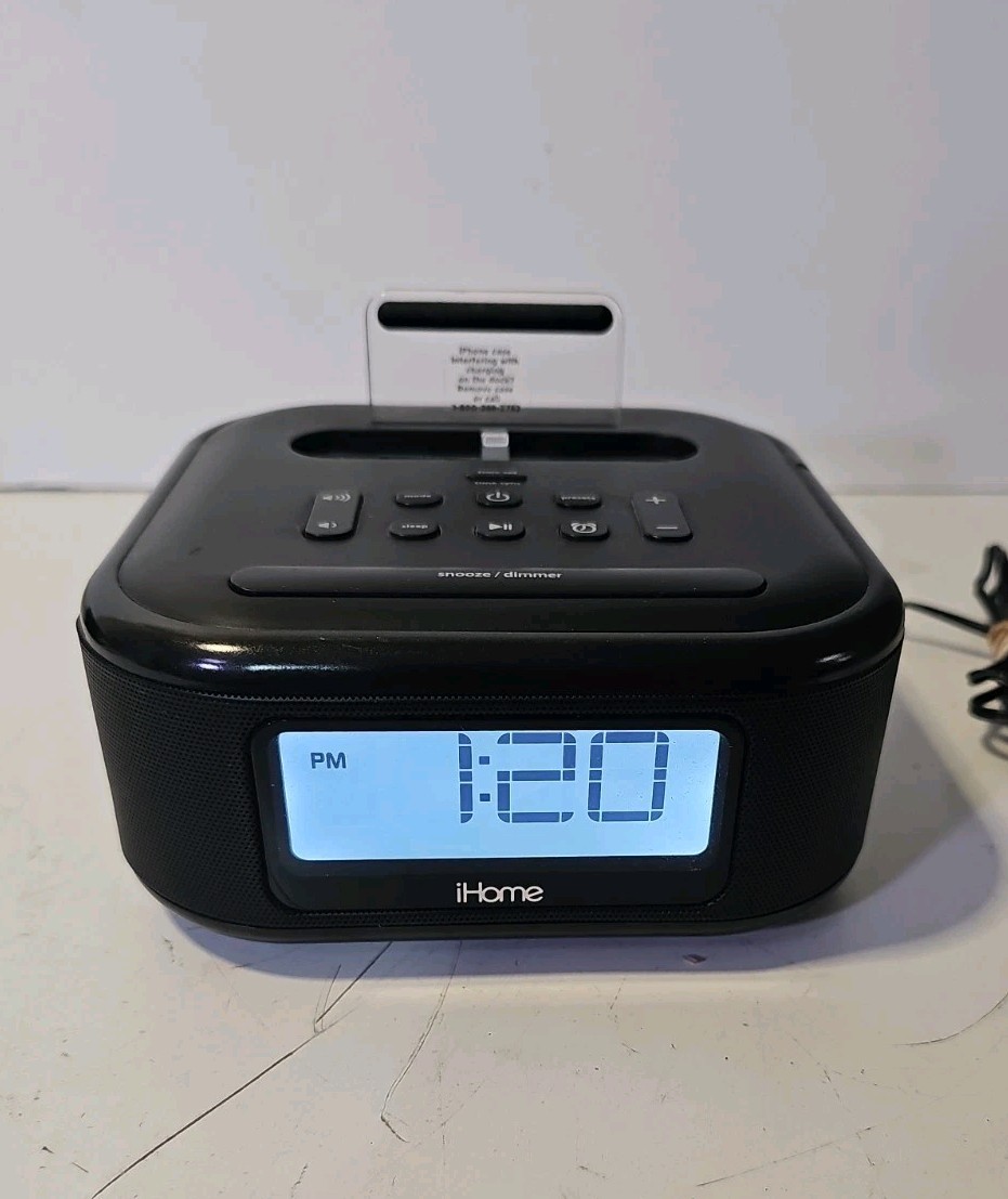 iHome iPL23 Black FM Alarm Clock Radio, Stereo, Lightning Dock And Charger.