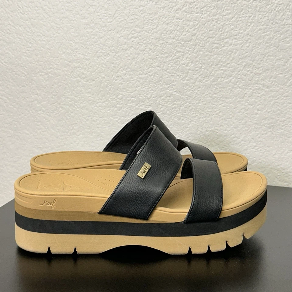 REEF Cushion Banded Horizon 2.5 Hi Black Platform Sandals Slides Size 9 EU 40 - Image 3 of 4