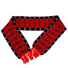 Vintage Red Navy Blue Plaid Knit Scarf with Fringe Winter Tartan Soft Wrap