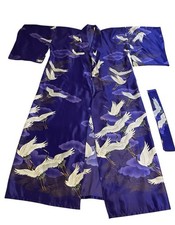 Vtg Maruky Kyoto Tokyo Kimono Wrap Robe W/Belt 100 Polyester, Purple w/Storks