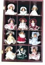 12 Vintage DOLL Complete Collection Hand Painted Porcelain Doll Wood Display