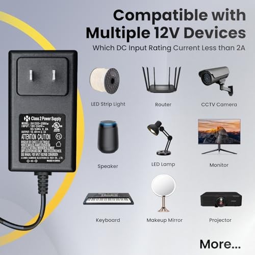 UL Listed 12V 2A 24W 6ft Long Power Supply Adapter, AC DC Switching 1-Pack