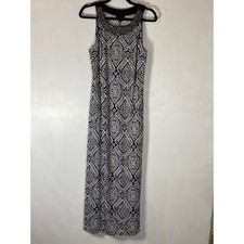 Black White Geometric Print Maxi Dress Beaded Neckline Sleeveless XL Monochrome