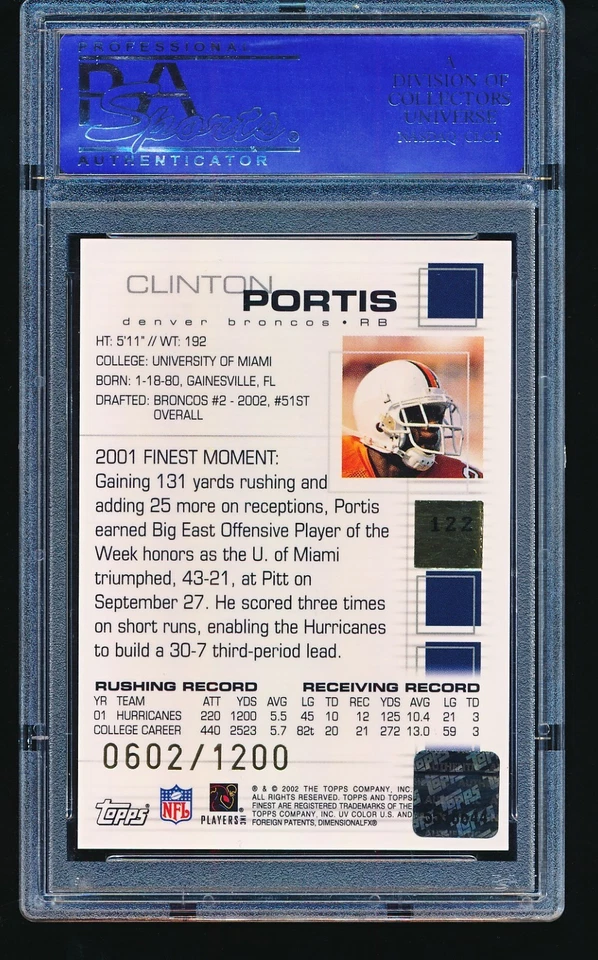 2002 Finest Certified Autograph CLINTON PORTIS Auto Rookie #122 PSA 9 - Image 2 of 2