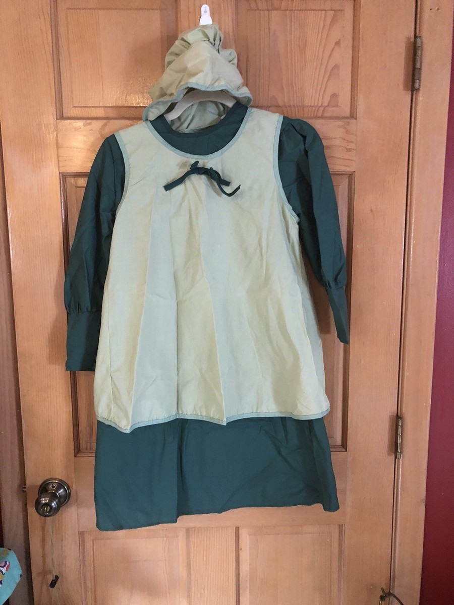 Costume Prairie Pioneer Colonial Pilgrim Amish Girl Dress Green Bonnet  Apron S