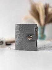Grey leather notebook cover A7 6 rings mini wallet, dated 2026 planner.