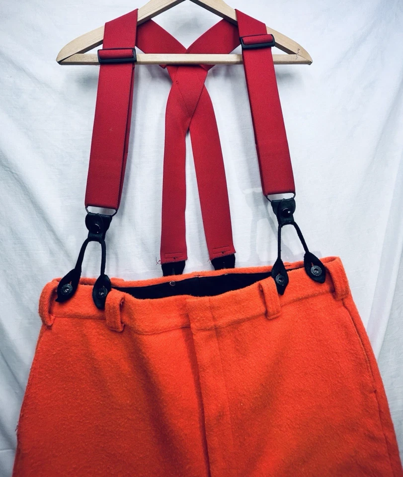 Vtg Mens Blaze Orange Fleece Hunting Pants wSuspenders 36x38 Preowned - Image 2 of 4