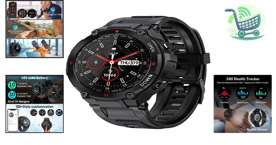 Reloj inteligente táctico resistente con pantalla HD de 1,3" - Bluetooth rastreador de llamadas y fitness Foto 2 de 4