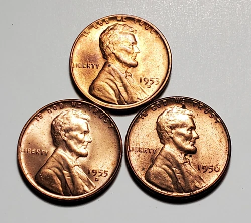 1953 D 1955 D 1956 P LINCOLN WHEAT PENNY UNC 3 COIN SET #C7397