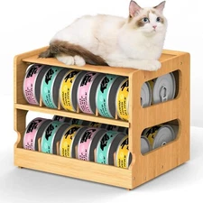 Cat Can Organizer,Bamboo Pantry Organizer,2 Tier Stackable Can Storage Rack FIFO