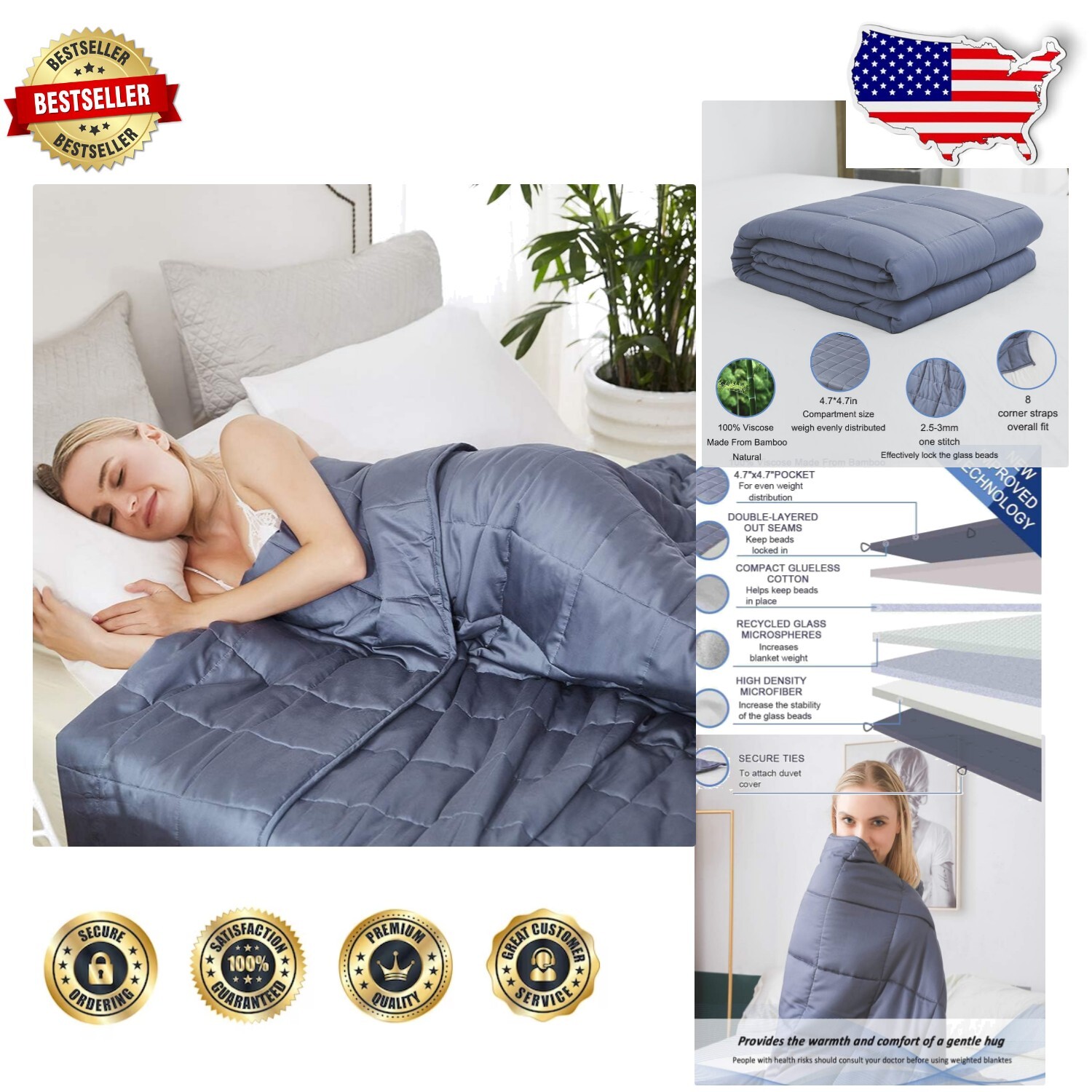 Cooling Weighted Blanket - Bamboo-Derived Rayon, 15lbs | Queen Size 60x80 Navy-image