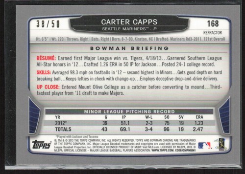 2013 Bowman Chrome #168 Carter Capps Gold /50 - Picture 2 of 2