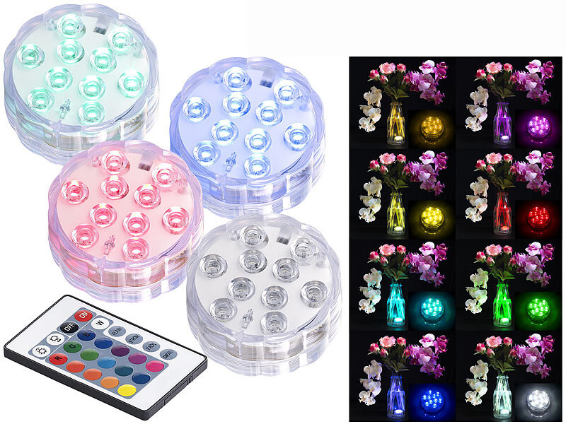 4 lampes immersibles LED RVB Lunartec 75mm spot étanche aquarium et bassin
