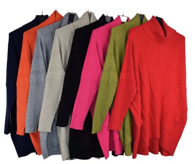 Italienischer Damen Lagenlook Rollkragen Diagonal V Streifen Pullover mit Taschen