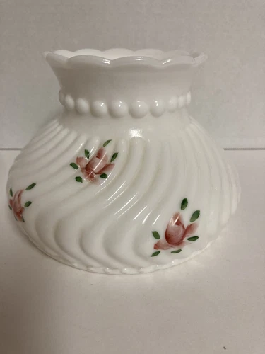 Vtg Milk Glass Hurricane Lamp Shade Hand Painted Roses Hobnail Swirl 5.5” Base
