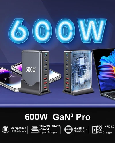 600W GaN Fast Charging Station β USB-C PD Desktop Charger for iPhone & Laptops - Picture 4 of 8
