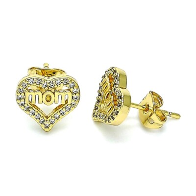 14K GOLD PLATED STUD EARRING HEART WITH MOM DESIGN WITH WHITE MICRO PAVE CZ M582