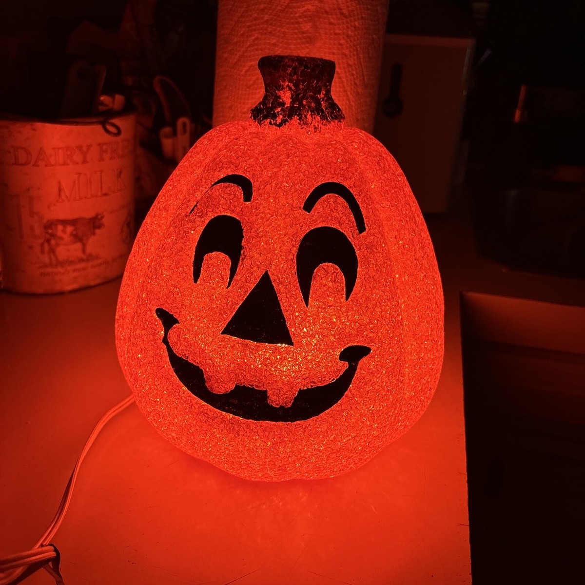 Vintage Lighted up Jack O Lantern Melted Plastic Popcorn Pumpkin