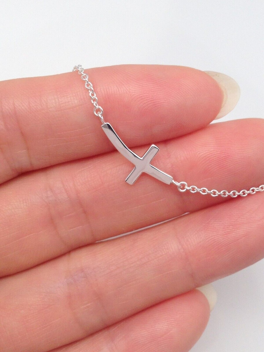 Sideways Cross Necklace 925 Sterling Silver Curved Cross Pendant