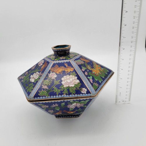 Antique Chinese Cloisonné Hexagonal Shaped Lidded Bowl - Picture 7 of 13