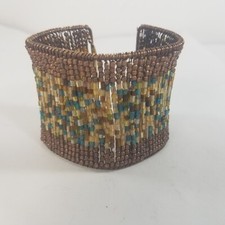 Beaded Wrap Cuff Bracelet Bronze Tone Seed Beads Flexible Fit Wide