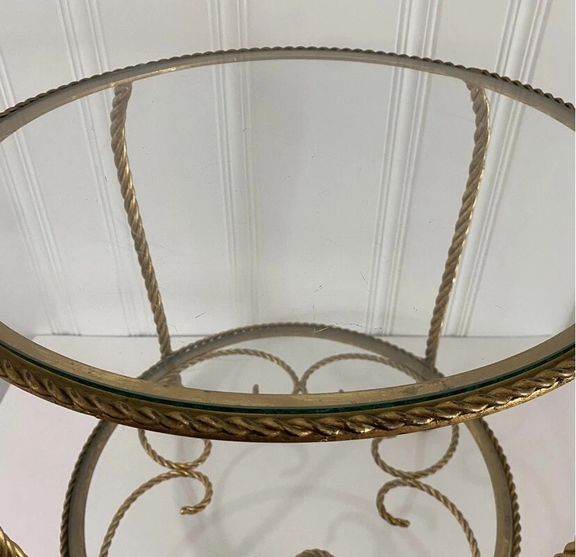 Mesa auxiliar italiana Mid Century dorada con borla y cuerda con acento redondo Hollywood Regency Foto 2 de 4