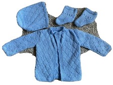 Hand Knitted Baby Set Blue Jacket/Cardigan, Hat  Booties 0-3 month New No Tags