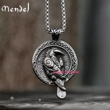 MENDEL Mens Norse Viking Stainless Steel Odin Raven Crow Rune Pendant Necklace