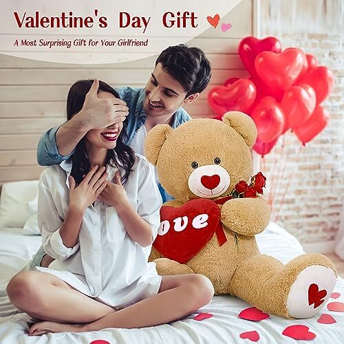 Giant Teddy Bear 4ft Stuffed Animals, Red Love Heart 51 inches Love Heart Bear - Picture 3 of 7