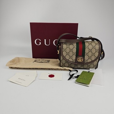 GUCCI Ophidia Mini $1850 Beige And Ebony GG Canvas Shoulder Bag