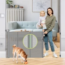 HEELALBABY REINFORCED 55" WIDE RETRACTABLE DOG GATE WITH SUPPORT BEAM - GRAY