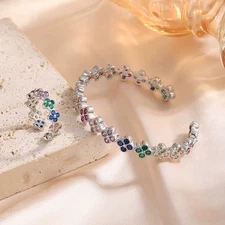 Luxury Four-Leaf Flower Zircon Bracelet Ring Set for Women Gorgeous Shiny Colorf