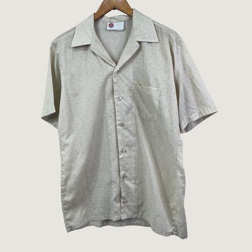 Sears Kings Road Shirt Mens M Beige Vintage 70s Polka Dot Short Sleeve Button Up