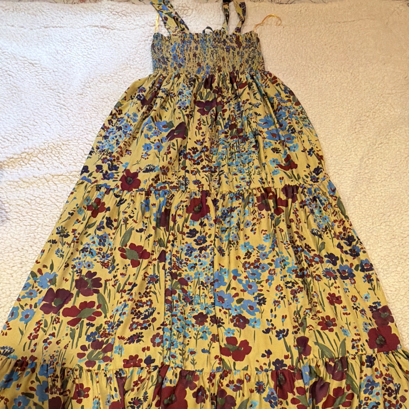 ZARA Yellow Floral Smocked Strappy Square Neck Maxi Dress Long XS