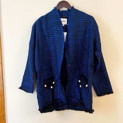 Koton Blue/Black Plaid Tweed Midi Lightweight Coat Formal Pearl Accents NEW
