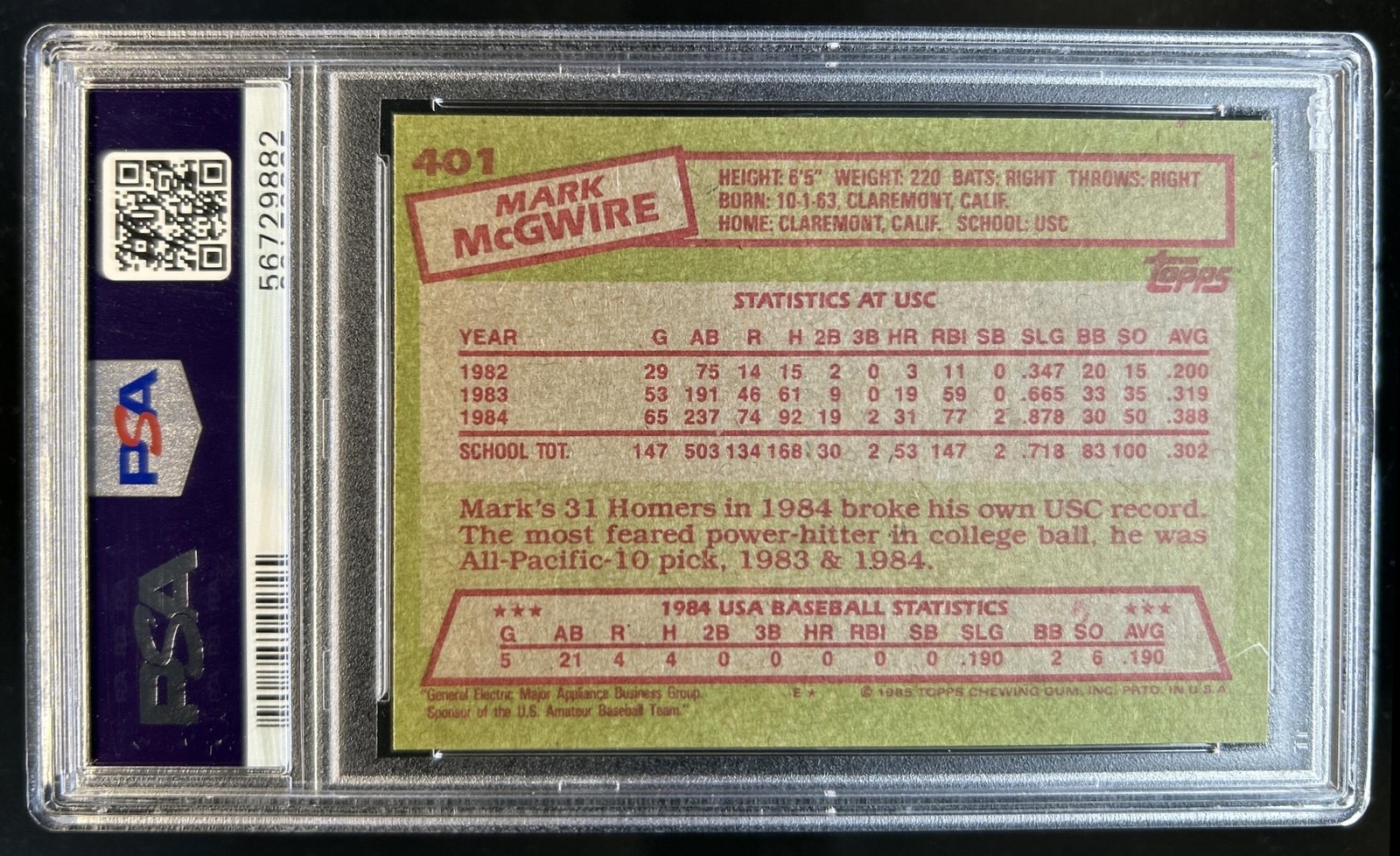1985 Topps Mark McGwire - Rookie RC #401 PSA 9 Auto Autograph 10 view 2