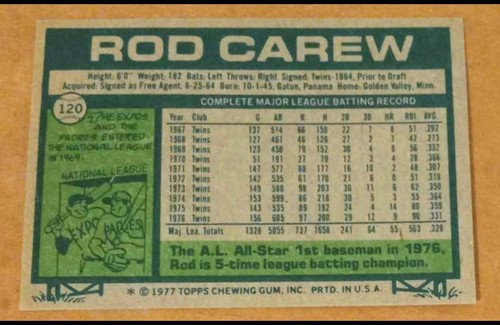 1977 Topps - Rod Carew #120 Minnesota Twins HOF - Picture 2 of 2