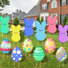 12 PCS Easter Yard Signs Corrugated yard Outdoor Decorations Bunny Easter Egg...