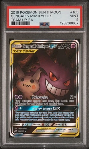2019 POKEMON SUN & MOON TEAM UP #165 FULL ART/GENGAR & MIMIKYU GX PSA 9
