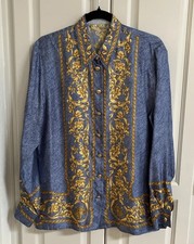 ESCADA VINTAGE SILK BLOUSE IN GRAYISH BLUE ACCENT Gold Buttons Med