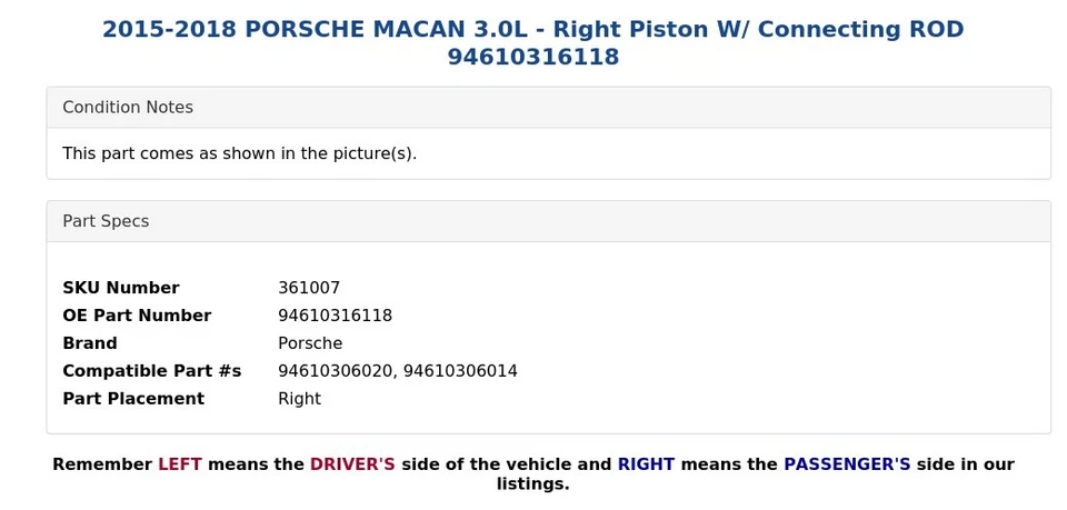 Porsche Macan 2015-2018 3,0 L - pistón derecho con varilla de conexión 94610316118 Foto 3 de 4