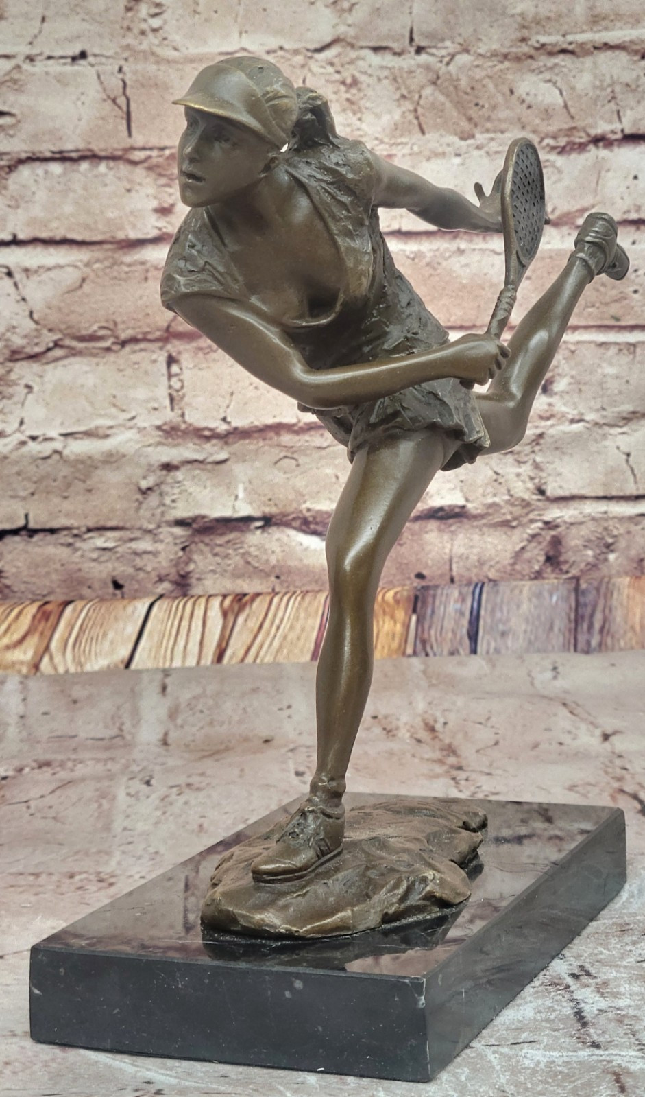 Female Tennis Player Pro Bronze Marble Statue Bookend Athlete Sports Trophy