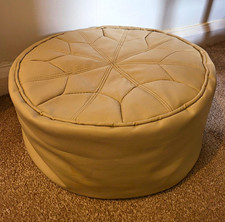 Round Beige Faux Leather Tufted Pouf Ottoman Footstool, Foam Fill Modern