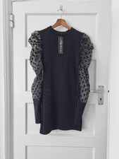 Black Polka Dot Mesh Puff Sleeve Mini Bodycon Dress - Size 8 NWT