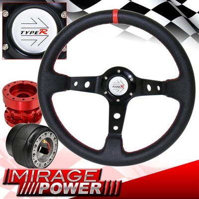 For 89-05 Eclipse Deep Dish Black Steering Wheel + Red Hub Extender + Adapter